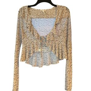Full Tilt Boho Mesh Tiny Floral Ruffle Tie-Front Long Sleeve Top 🎀 Cottagecore